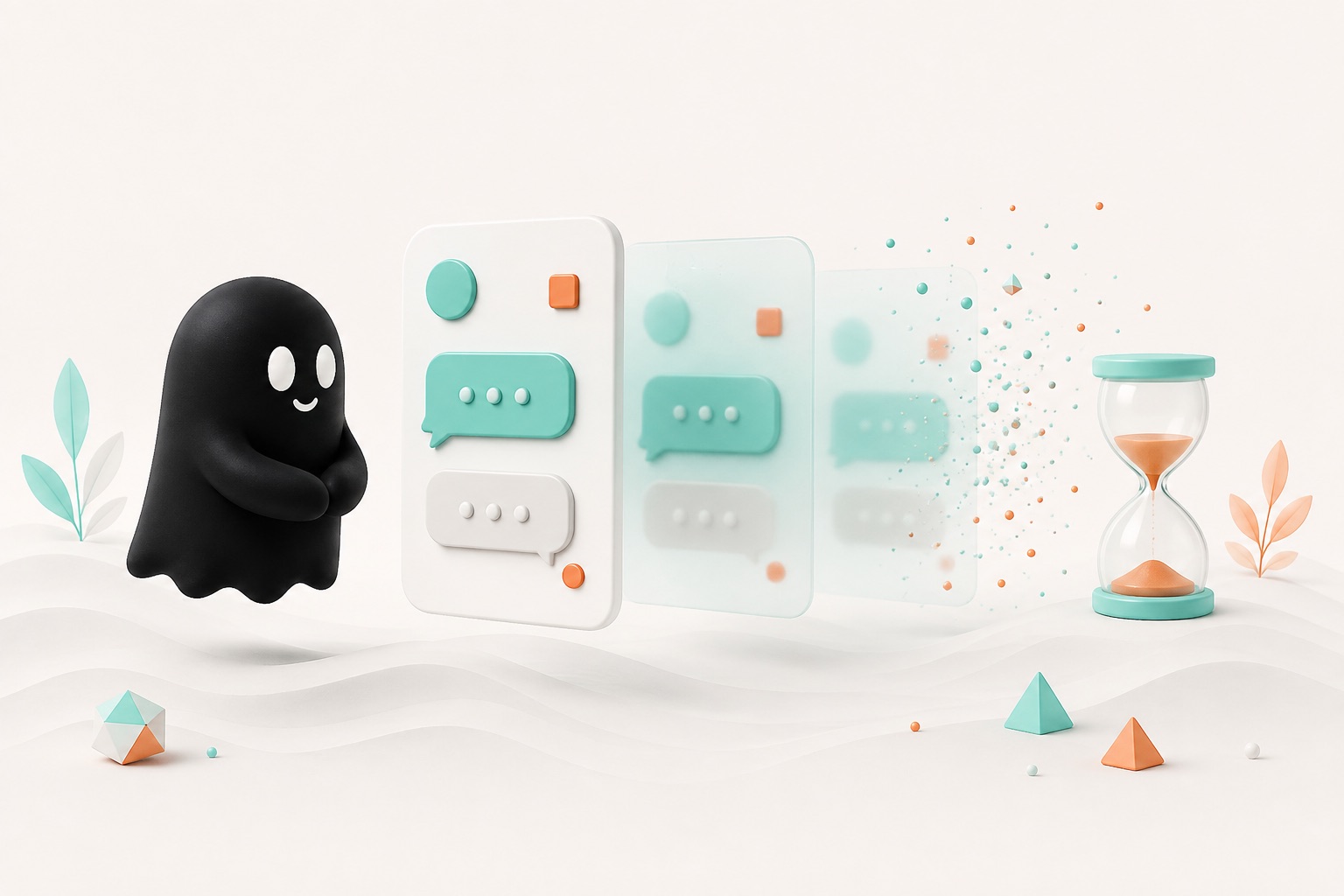 GPTAnon mascot beside conversation cards that progressively blur and disappear near an hourglass.